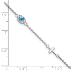 Sterling Silver RH CZ Enamel Cross w/Eye 6.5in w/1in ext Bracelet QG6046-6.5