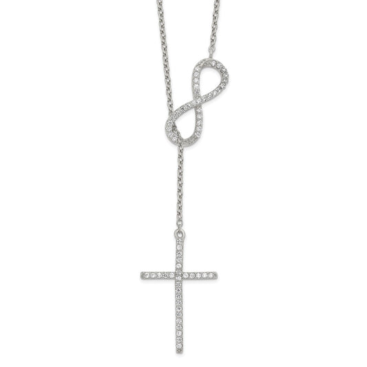 Sterling Silver Polished Rhodium CZ Cross/Infinity Symbol 18in Necklace QG6063-18