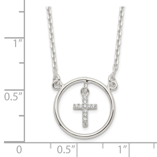 Sterling Silver CZ Cross in Circle Necklace QG6064-16