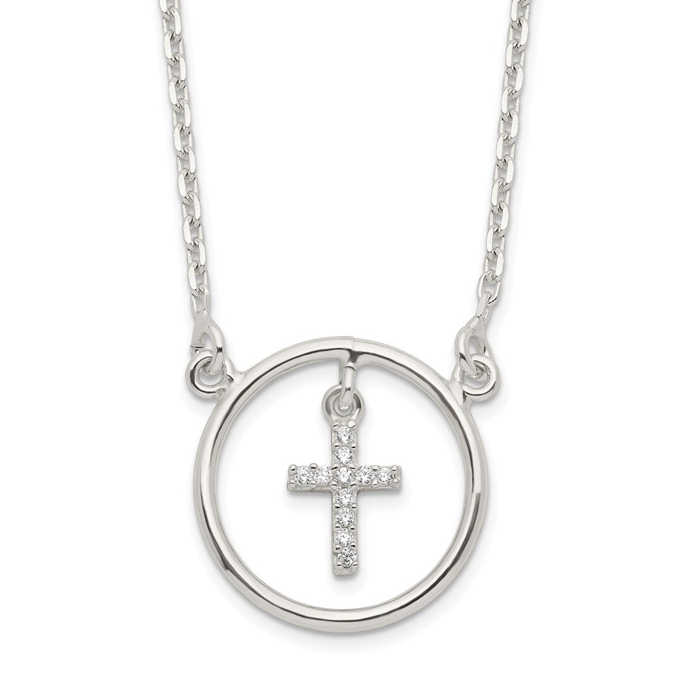 Sterling Silver CZ Cross in Circle Necklace QG6064-16
