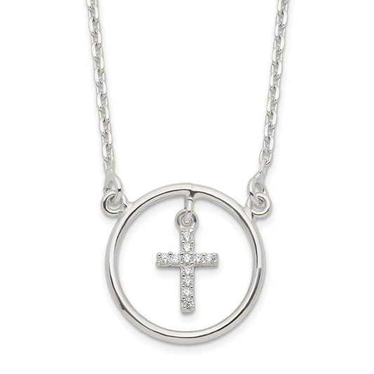 Sterling Silver CZ Cross in Circle Necklace QG6064-16