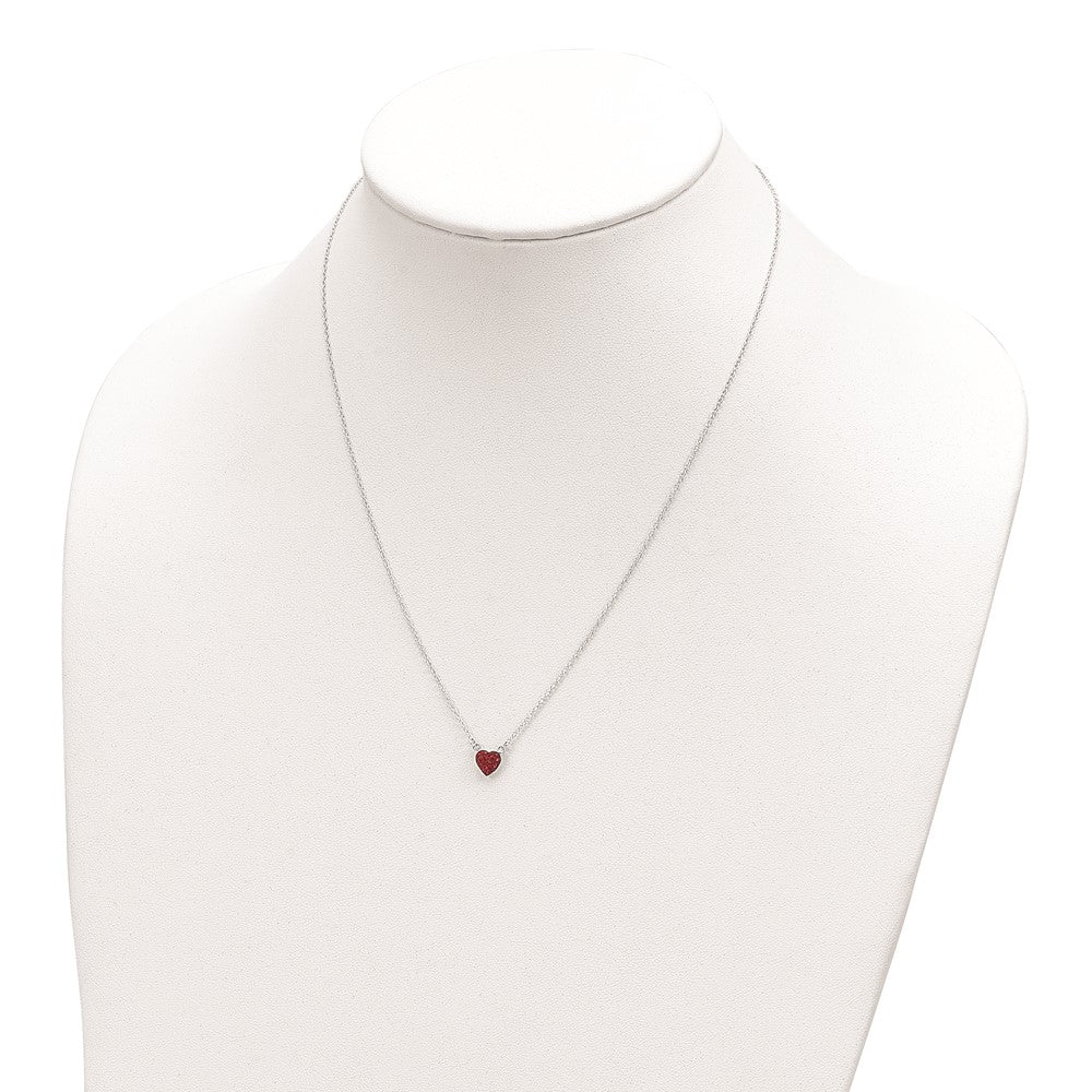 Sterling Silver 18.25in Rhodium-plated Polished Red Crystal Heart Necklace QG6077-18.25
