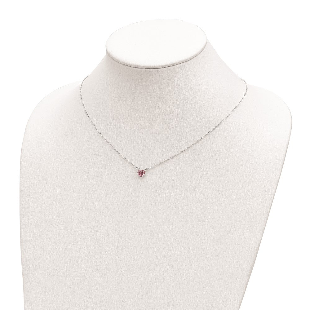 Sterling Silver Rhodium-plated Polished Pink Crystal Heart Necklace QG6078-18.25