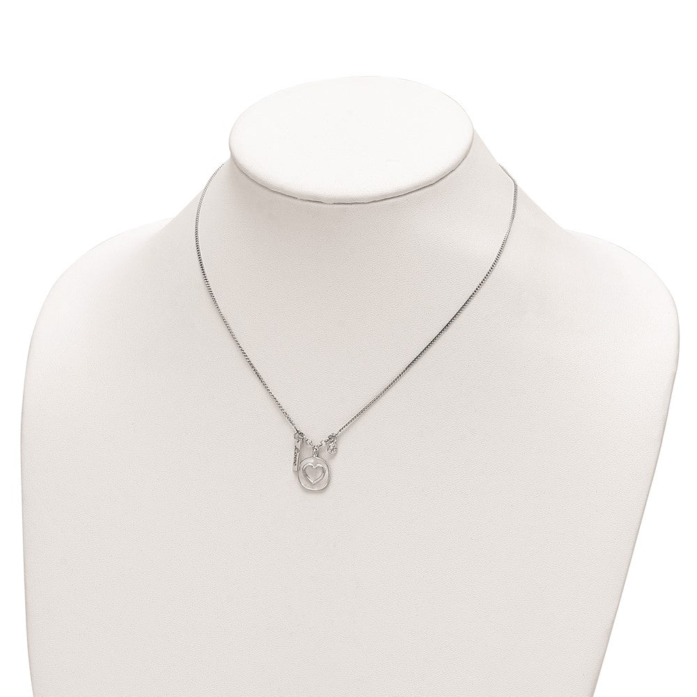Sterling Silver Rhodium-plated Satin Heart/Love/CZ w/1.5in Ext Necklace QG6205-16