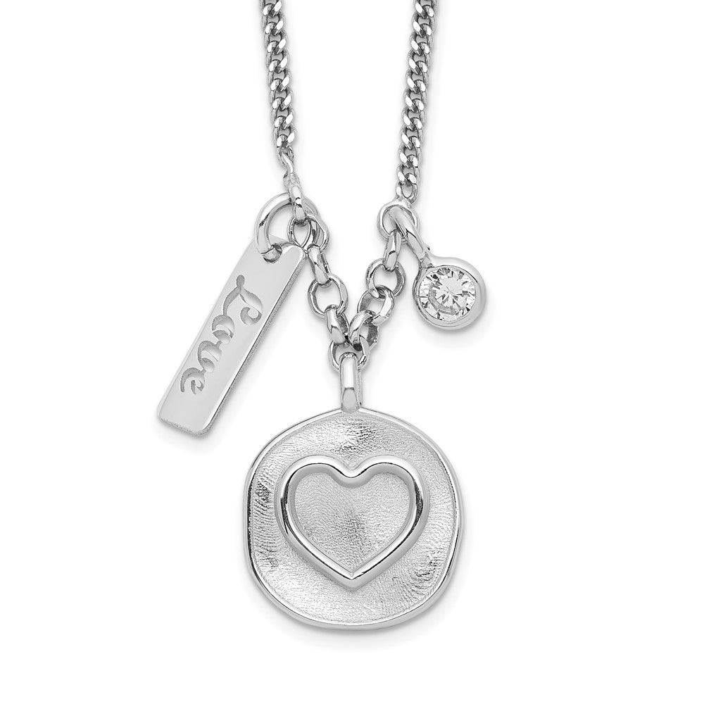 Sterling Silver Rhodium-plated Satin Heart/Love/CZ w/1.5in Ext Necklace QG6205-16
