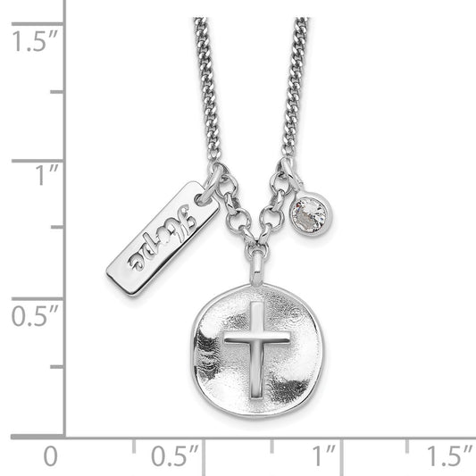 Sterling Silver Rhodium-plated Satin Cross/Hope/CZ w/1.5in Ext Necklace QG6207-16