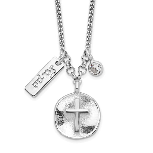 Sterling Silver Rhodium-plated Satin Cross/Hope/CZ w/1.5in Ext Necklace QG6207-16