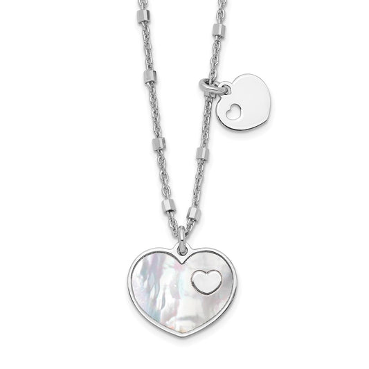 Sterling Silver Rhodium-plated Mother of Pearl Heart w/1 in Ext Necklace QG6208-15.5