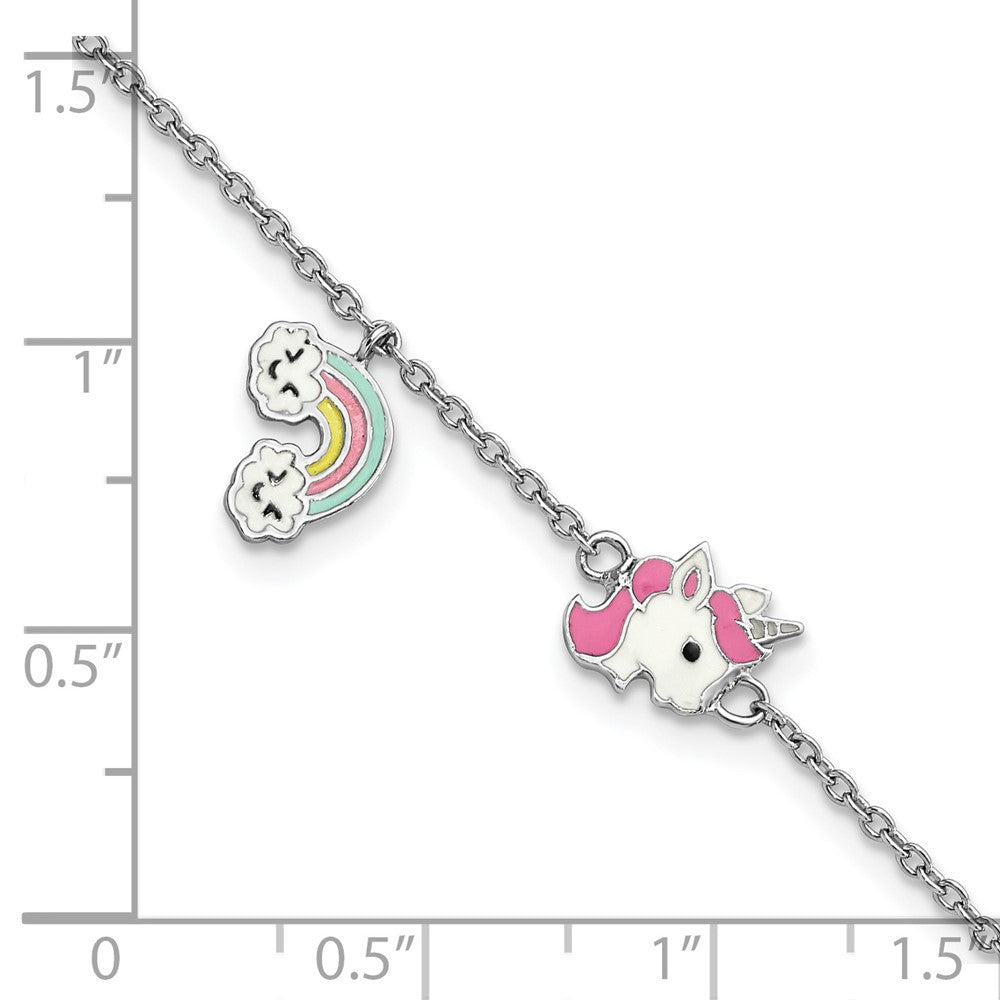 Sterling Silver Rhodium-plated Polished & Multi-color Enameled  Unicorn & Rainbow with 1 Inch Extension Children's Bracelet QG6219-5.75