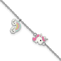 Sterling Silver Rhodium-plated Polished & Multi-color Enameled  Unicorn & Rainbow with 1 Inch Extension Children's Bracelet QG6219-5.75
