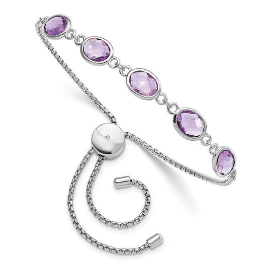 SterlingSilver Rhod-plated Amethyst 7.5AM & CZ Adjustable Bracelet QG6222AM