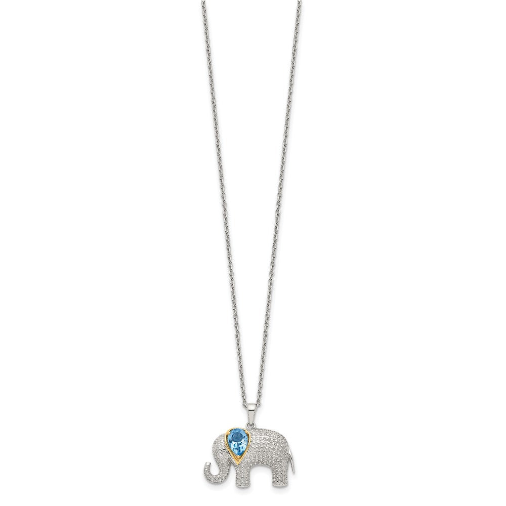 Brilliant Gemstones Sterling Silver with 14K Accent Rhodium-plated Blue Topaz and Diamond Elephant 18 Inch Necklace with 2 Inch Extender QG6230-17