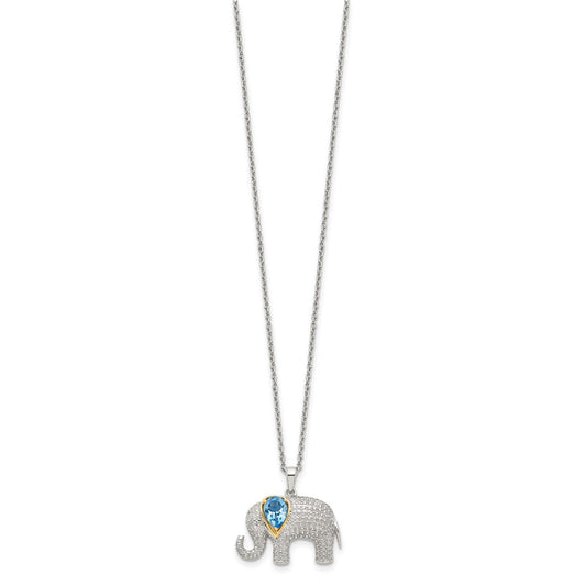 Brilliant Gemstones Sterling Silver with 14K Accent Rhodium-plated Blue Topaz and Diamond Elephant 18 Inch Necklace with 2 Inch Extender QG6230-17