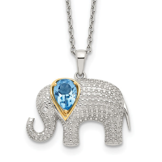 Brilliant Gemstones Sterling Silver with 14K Accent Rhodium-plated Blue Topaz and Diamond Elephant 18 Inch Necklace with 2 Inch Extender QG6230-17