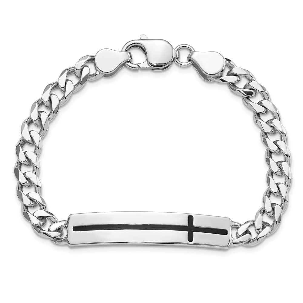 Sterling Silver Rhodium-plated Enameled Cross on Bar Men's 8in Bracelet QG6237-8