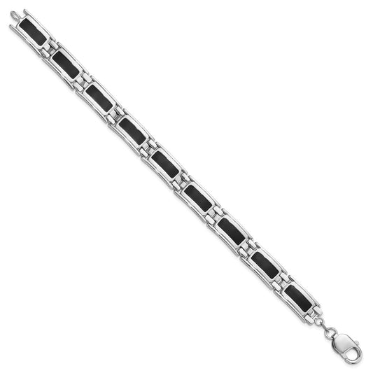 Sterling Silver Rhodium-plated Black Enamel Link Men's 8in Bracelet QG6238-8