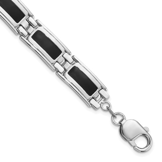Sterling Silver Rhodium-plated Black Enamel Link Men's 8in Bracelet QG6238-8