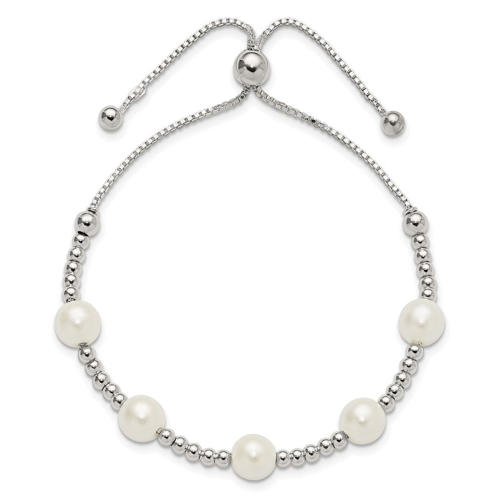 Sterling Silver Polished Beaded and Synthetic Pearl Adjustable Bracelet QG6247