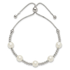Sterling Silver Polished Beaded and Synthetic Pearl Adjustable Bracelet QG6247