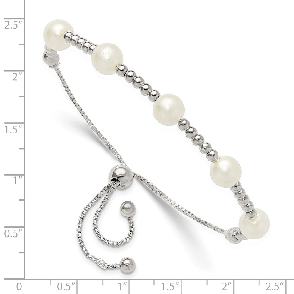 Sterling Silver Polished Beaded and Synthetic Pearl Adjustable Bracelet QG6247