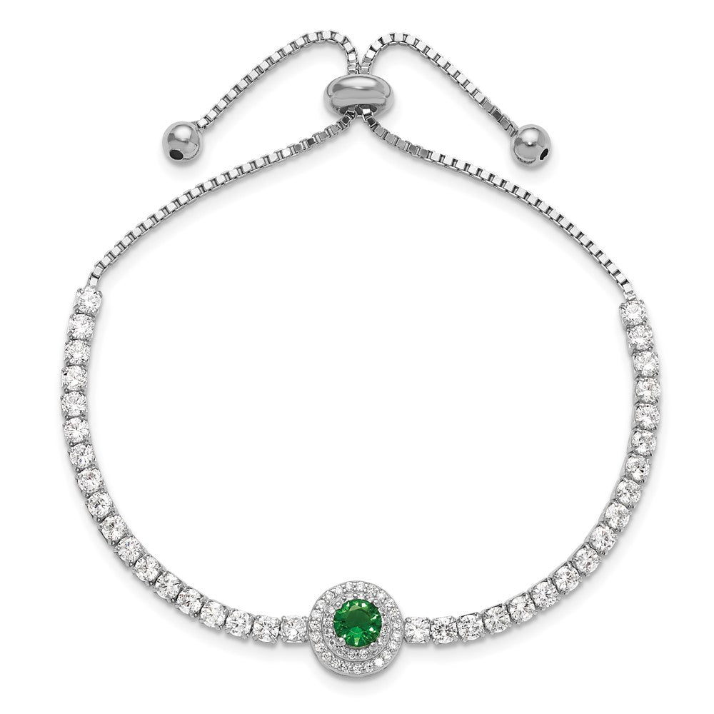Sterling Silver Rhodium-plated CZ and Green Glass Adjustable Bracelet QG6250