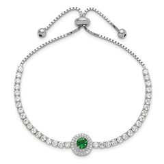 Sterling Silver Rhodium-plated CZ and Green Glass Adjustable Bracelet QG6250