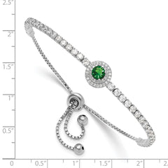 Sterling Silver Rhodium-plated CZ and Green Glass Adjustable Bracelet QG6250