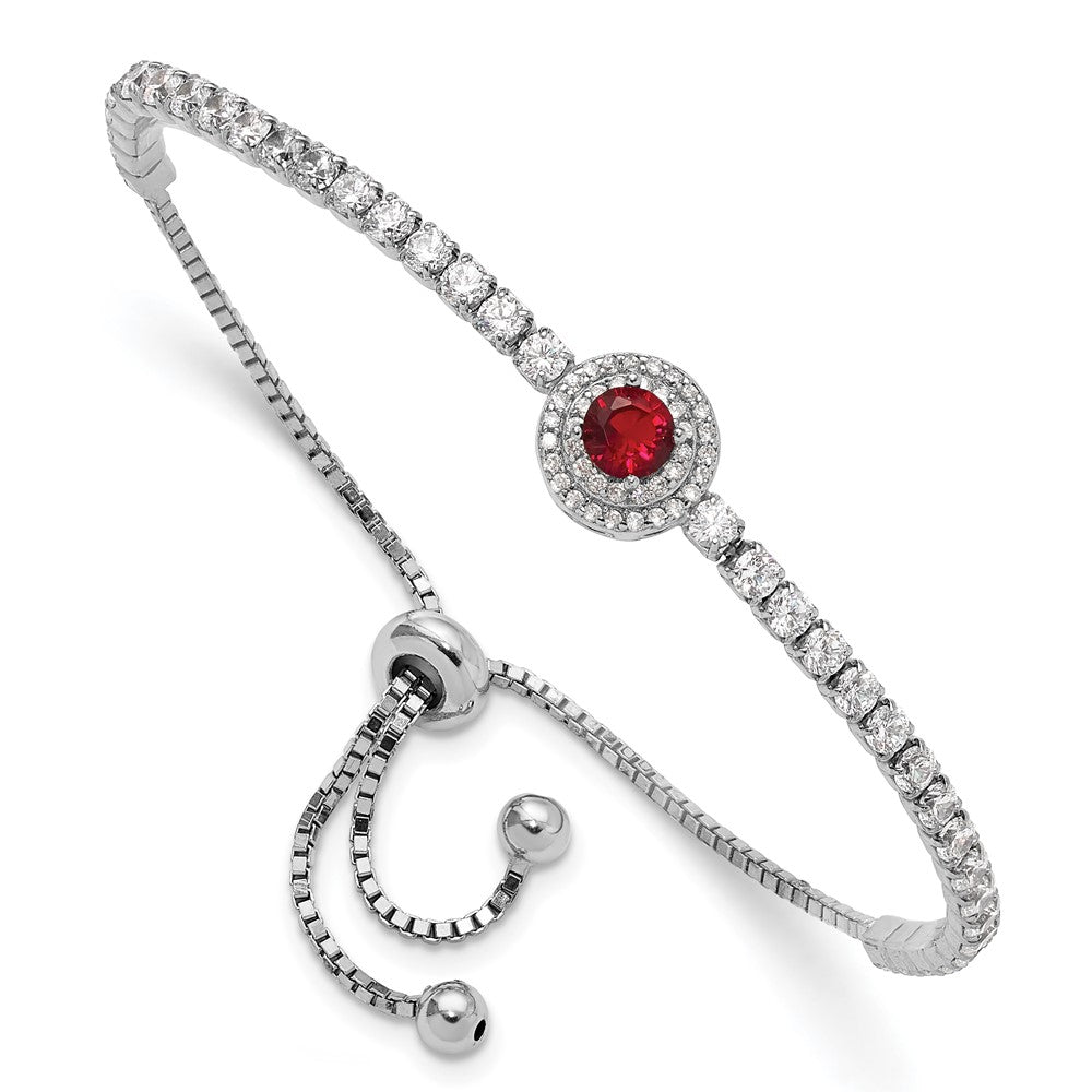 Sterling Silver Rhodium-plated CZ and Red Glass Adjustable Bracelet QG6251