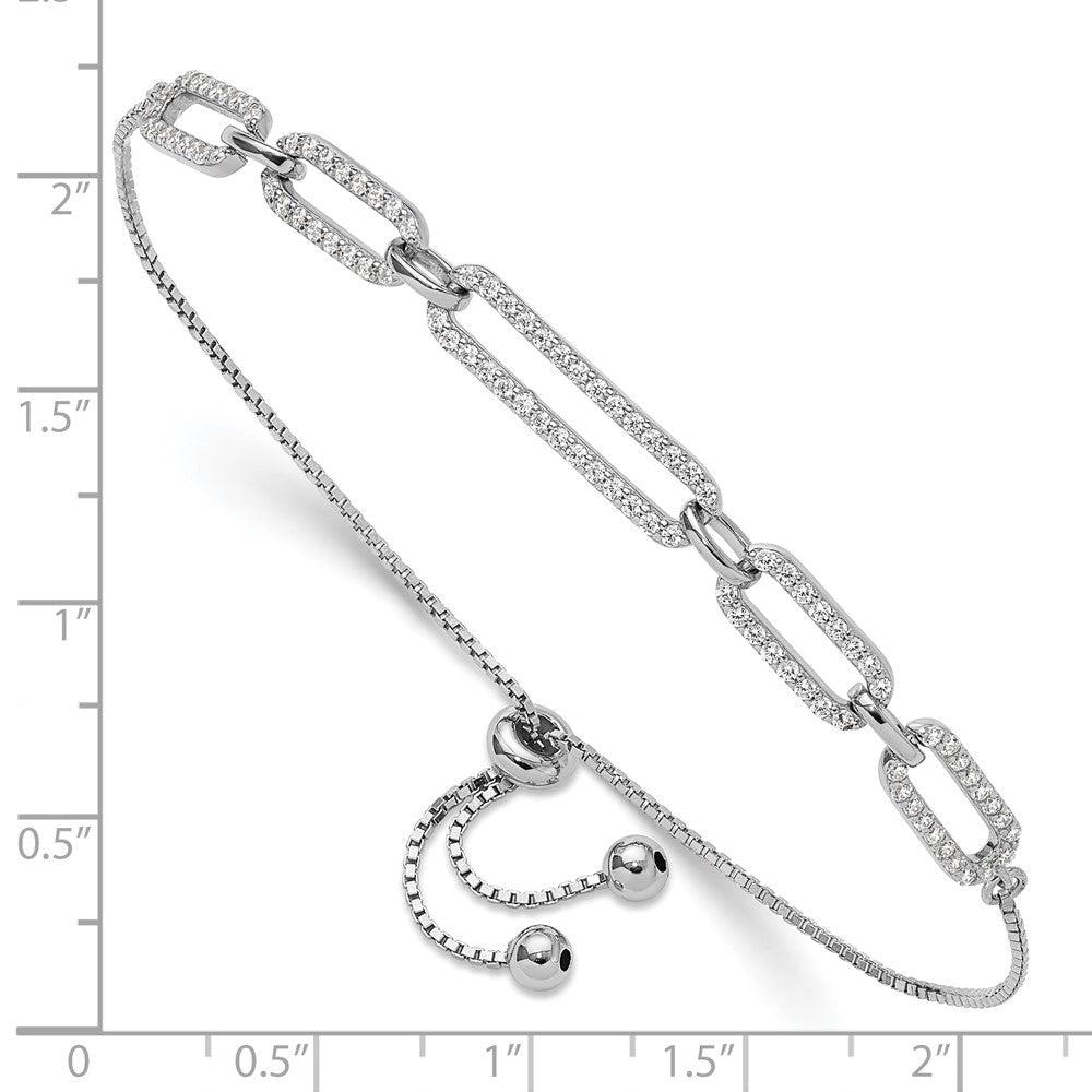 Sterling Silver Rhod-plated Paperclip Link CZ Adjustable Bracelet QG6258