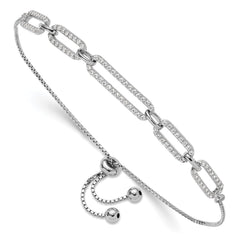 Sterling Silver Rhod-plated Paperclip Link CZ Adjustable Bracelet QG6258