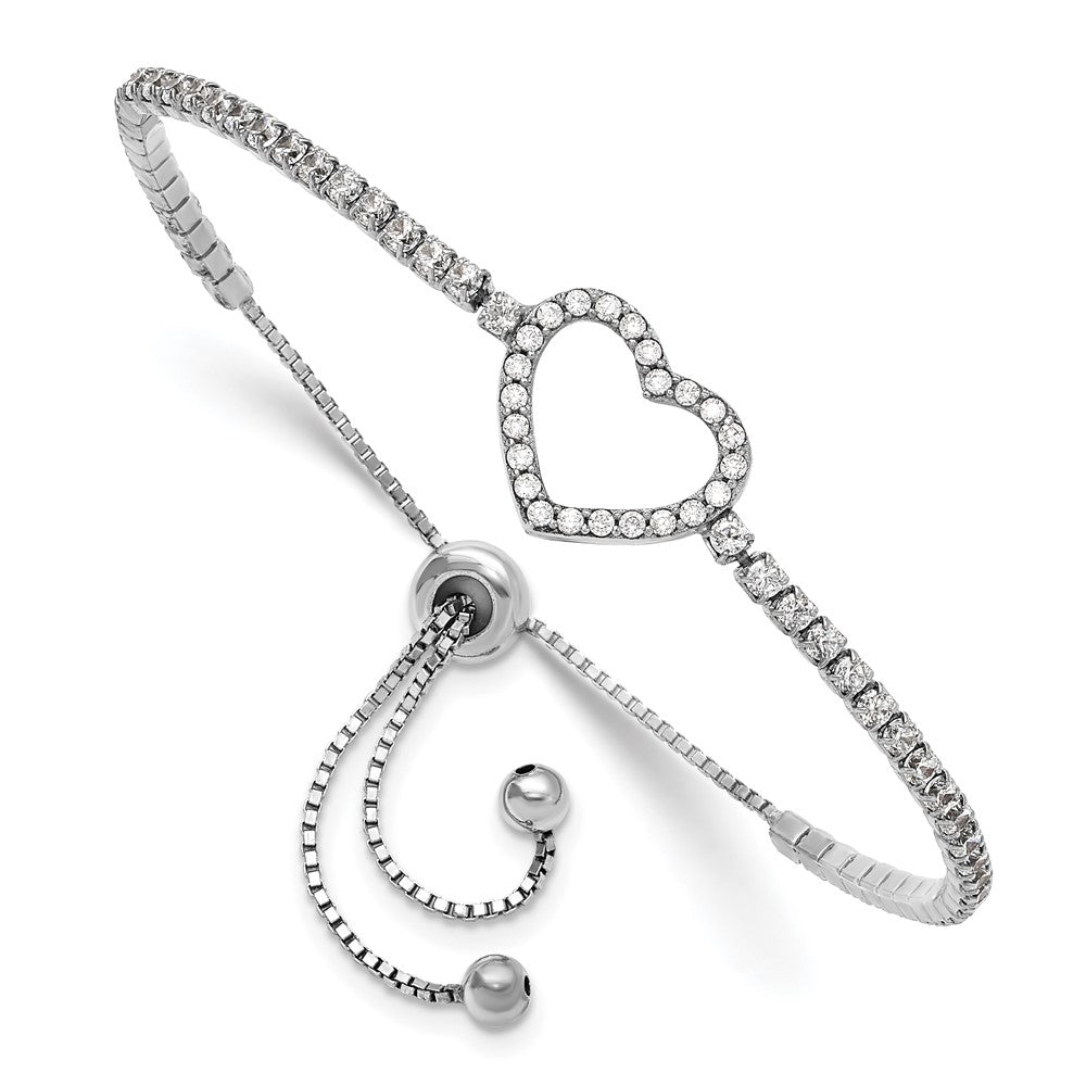Sterling Silver Rhodium-plated CZ Heart Adjustable Bracelet QG6275