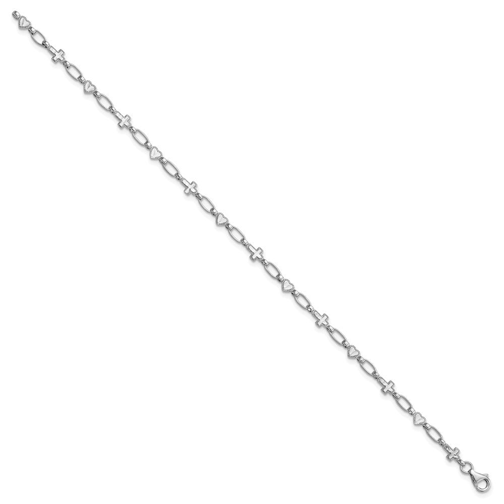 Sterling Silver Rhodium-plated 7.5 inch Heart and Cross Bracelet QG6307-7.5