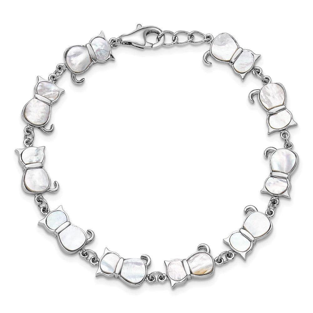 Sterling Silver Rhodium-plated Mother of Pearl Cat Link Bracelet QG6345MOP-7.5