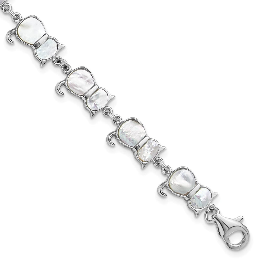 Sterling Silver Rhodium-plated Mother of Pearl Cat Link Bracelet QG6345MOP-7.5