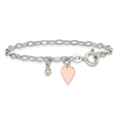 Sterling Silver Rose Gold-plated Polished w/Heart and CZ Link Bracelet QG6348-7