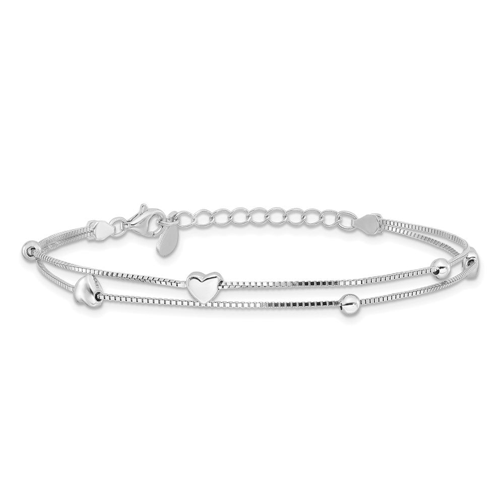 Sterling Silver Rhod-plated  6.75 1in ext Two Strand Heart/Bead Bracelet QG6352-6.75