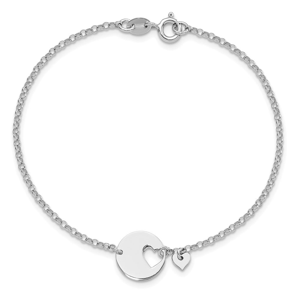 Sterling Silver Rhodium-plated Heart and Cut Out Disc 7.5in Bracelet QG6361-7.5