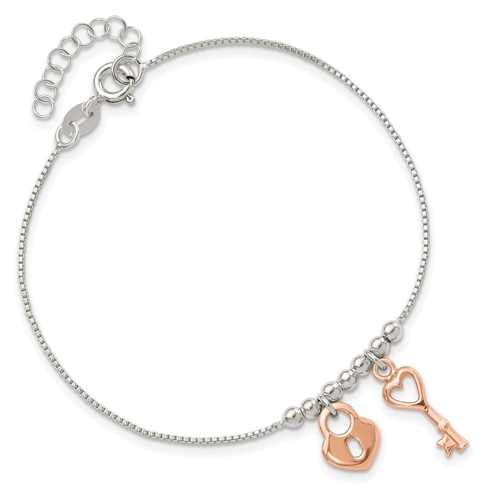 Sterling Silver w/Rose Tone Lock and Key Beaded 7in w/1in ext. Bracelet QG6363-7
