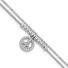 Sterling Silver Rhodium-plated CZ Peace Sign Beaded 7.5in Bracelet QG6372-7.5