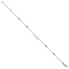 Sterling Silver Rhodium-plated Cross Black Spinel 7in w/1in ext. Bracelet QG6378-7