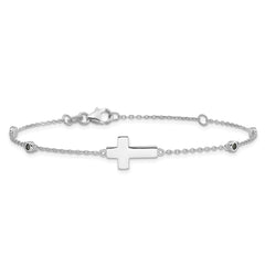 Sterling Silver Rhodium-plated Cross Black Spinel 7in w/1in ext. Bracelet QG6378-7