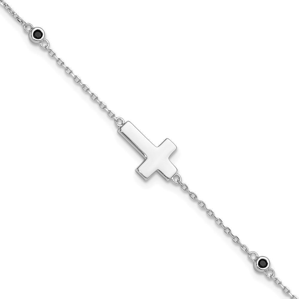 Sterling Silver Rhodium-plated Cross Black Spinel 7in w/1in ext. Bracelet QG6378-7