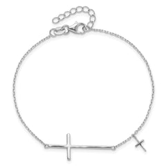 Sterling Silver Rhodium-plated Sideways Cross 7in w/1in ext. Bracelet QG6380-7