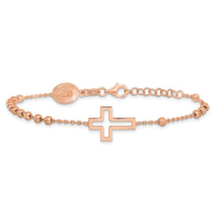 Sterling Silver Rose-tone Rosary Cross 7in w/1in Ext. Bracelet QG6381RP-7