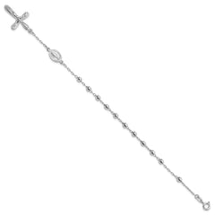 Sterling Silver Rhodium-plated Dangle Cross Beaded Rosary 7.5in Bracelet QG6383-7.5