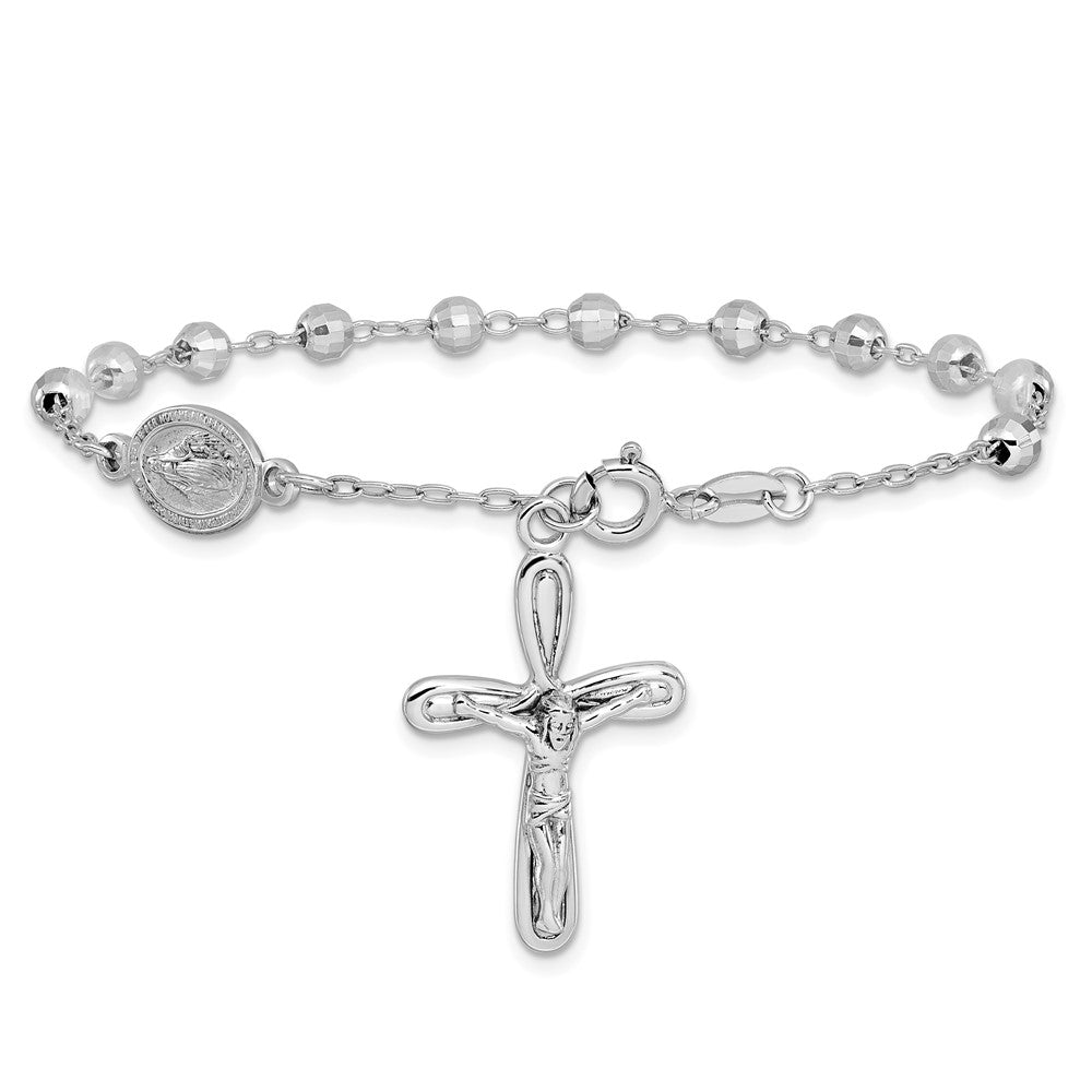 Sterling Silver Rhodium-plated Dangle Cross Beaded Rosary 7.5in Bracelet QG6383-7.5
