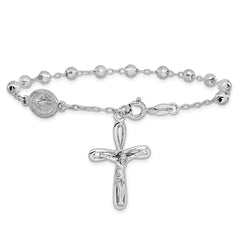 Sterling Silver Rhodium-plated Dangle Cross Beaded Rosary 7.5in Bracelet QG6383-7.5