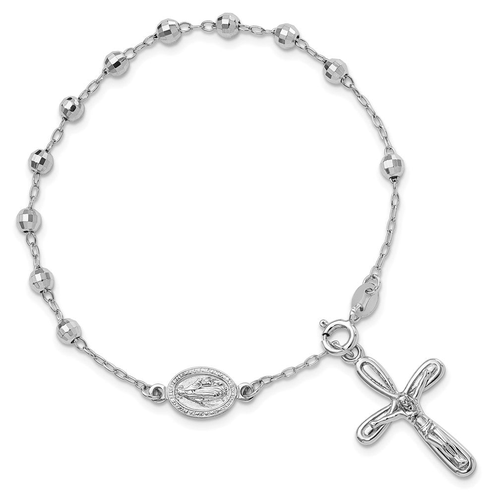 Sterling Silver Rhodium-plated Dangle Cross Beaded Rosary 7.5in Bracelet QG6383-7.5