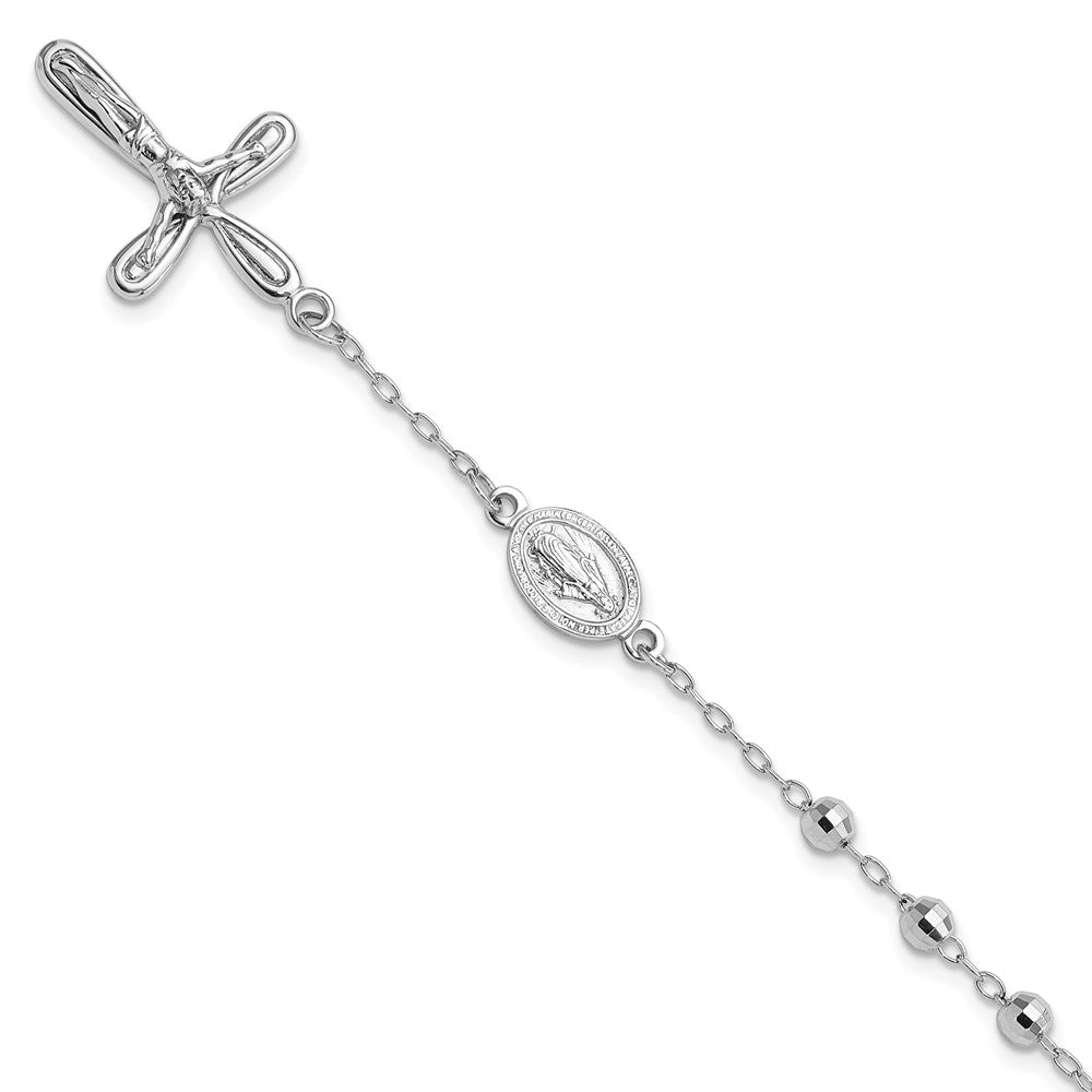 Sterling Silver Rhodium-plated Dangle Cross Beaded Rosary 7.5in Bracelet QG6383-7.5