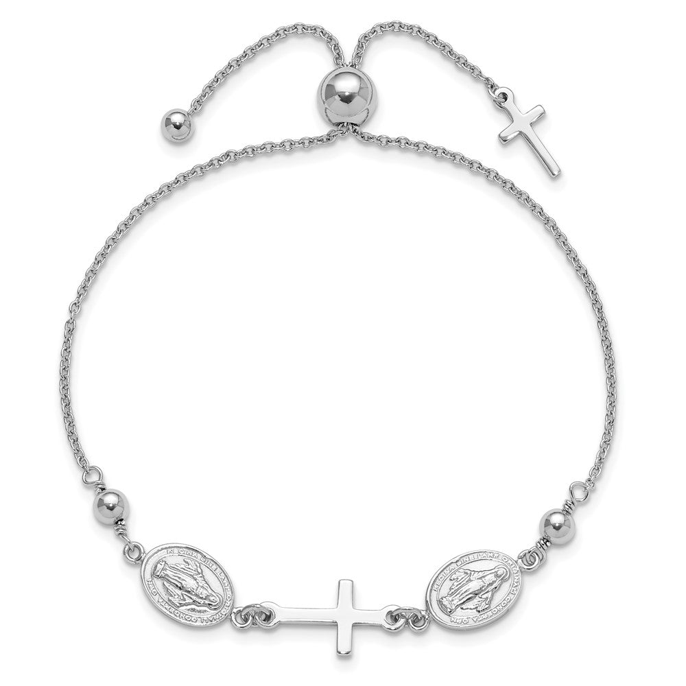 Sterling Silver Rhod-plated Cross with Medals Adjustable Bracelet QG6385